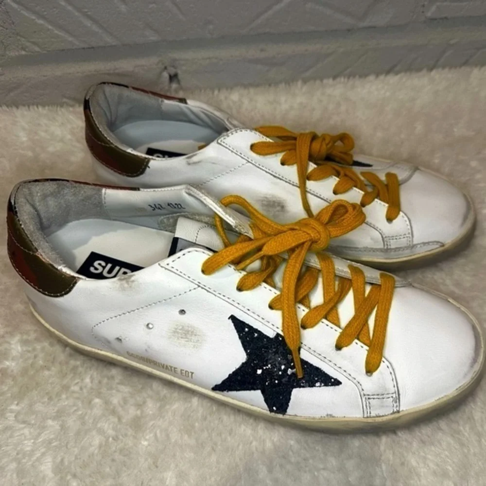 New Golden Goose Super Star Camo Heel and Glitter Star Sneakers Size 37